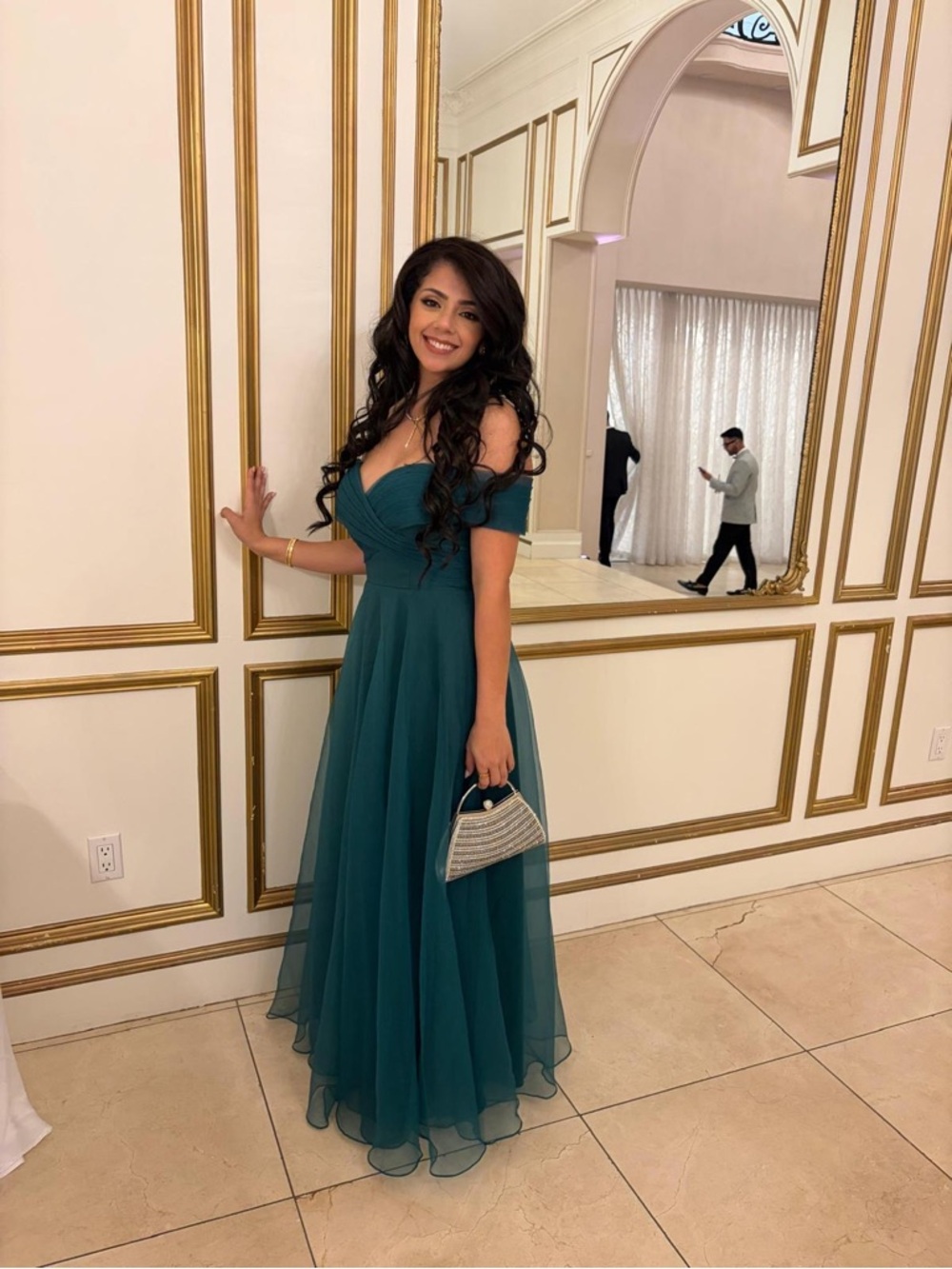 Betsy & Adam Off-the-Shoulder Teal Green Maxi Skirt